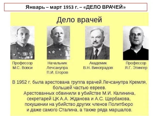 Январь – март 1953 г. – «ДЕЛО ВРАЧЕЙ»