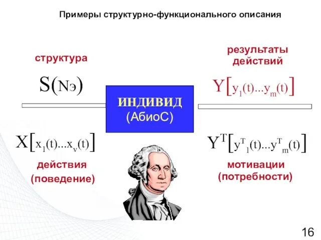 ИНДИВИД (АбиоС) S(Nэ) X[x1(t)...xv(t)] Y[y1(t)...ym(t)] YT[yT1(t)...yTm(t)] структура действия (поведение) мотивации (потребности) результаты действий Примеры структурно-функционального описания