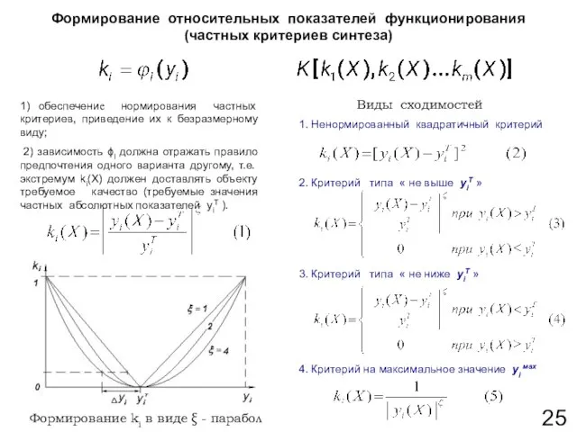 Формирование относительных показателей функционирования (частных критериев синтеза) 1) обеспечение нормирования частных