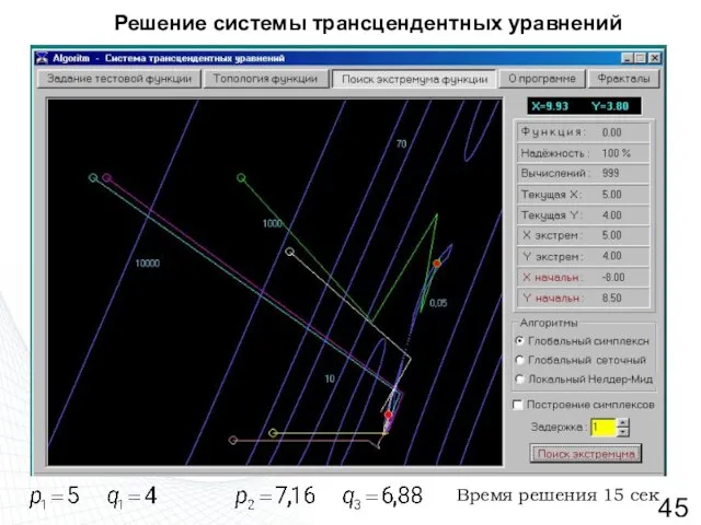 Решение системы трансцендентных уравнений Время решения 15 сек