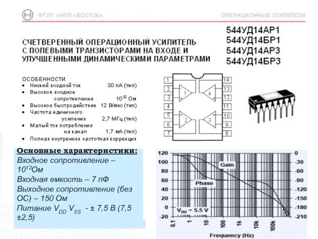 Основные характеристики: Входное сопротивление – 1012Ом Входная емкость – 7 пФ