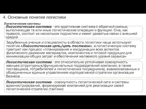 4. Основные понятия логистики Логистические системы Логистическая система - это адаптивная