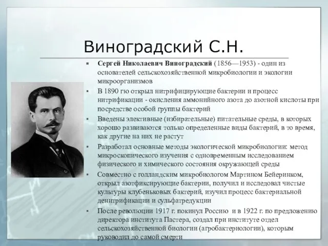 Виноградский С.Н. Сергей Николаевич Виноградский (1856—1953) - один из основателей сельскохозяйственной