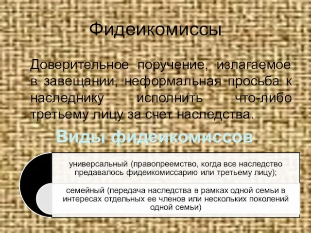 Фидеикомиссы Доверительное поручение, излагаемое в завещании, неформальная просьба к наследнику исполнить