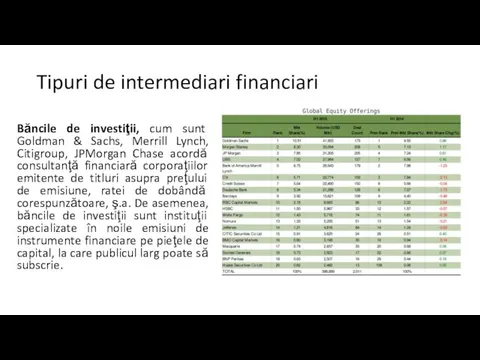 Tipuri de intermediari financiari Băncile de investiţii, cum sunt Goldman &