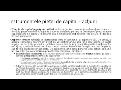 Instrumentele pieței de capital - acţiuni Titlurile de capital (equity securities)