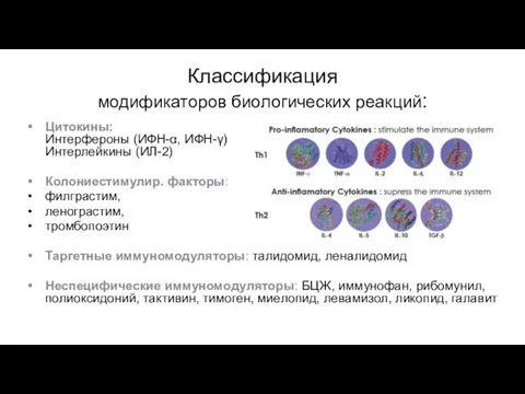 Классификация модификаторов биологических реакций: Цитокины: Интерфероны (ИФН-α, ИФН-γ) Интерлейкины (ИЛ-2) Колониестимулир.