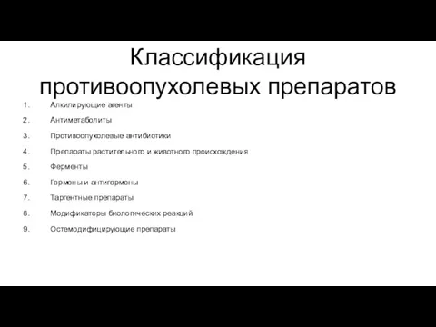 Классификация противоопухолевых препаратов Алкилирующие агенты Антиметаболиты Противоопухолевые антибиотики Препараты растительного и