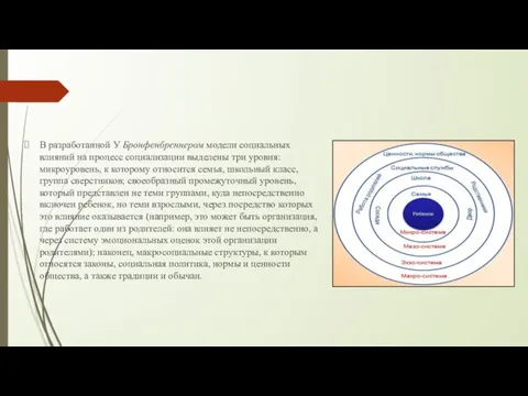 В разработанной У Бронфенбреннером модели социальных влияний на процесс социализации выделены