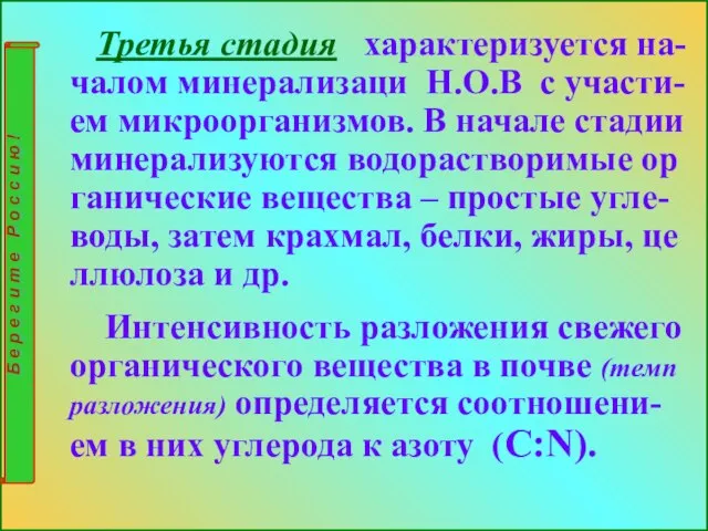 Третья стадия характеризуется на- чалом минерализаци Н.О.В с участи-ем микроорганизмов. В