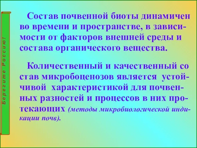 Состав почвенной биоты динамичен во времени и пространстве, в зависи-мости от