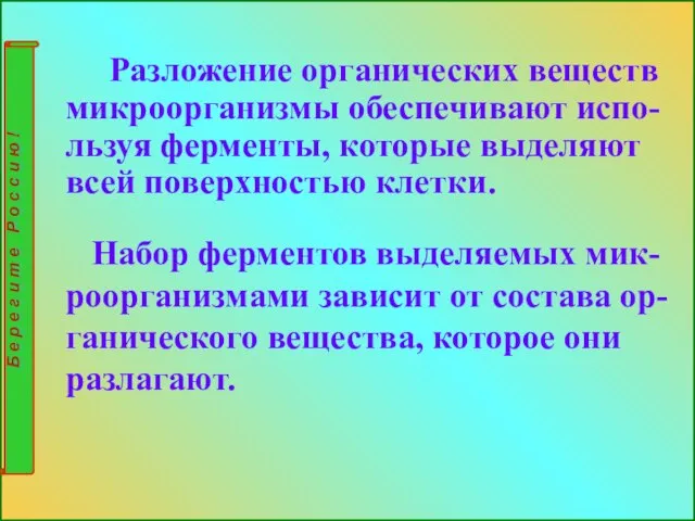 Разложение органических веществ микроорганизмы обеспечивают испо- льзуя ферменты, которые выделяют всей