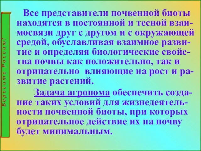 Все представители почвенной биоты находятся в постоянной и тесной взаи-мосвязи друг