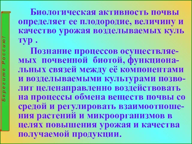 Биологическая активность почвы определяет ее плодородие, величину и качество урожая возделываемых