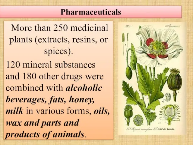 Pharmaceuticals More than 250 medicinal plants (extracts, resins, or spices). 120