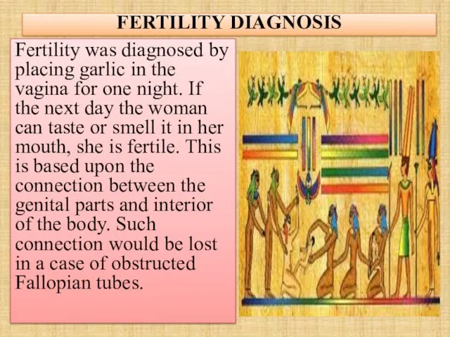 FERTILITY DIAGNOSIS Fertility was diagnosed by placing garlic in the vagina