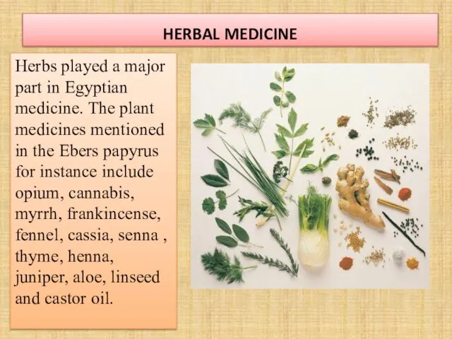 HERBAL MEDICINE Herbs played a major part in Egyptian medicine. The