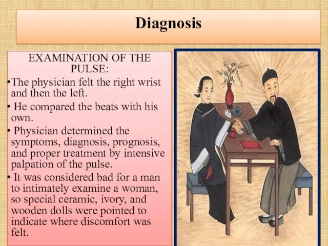 Diagnosis EXAMINATION OF THE PULSE: The physician felt the right wrist