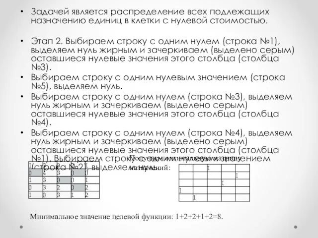 Задачей является распределение всех подлежащих назначению единиц в клетки с нулевой