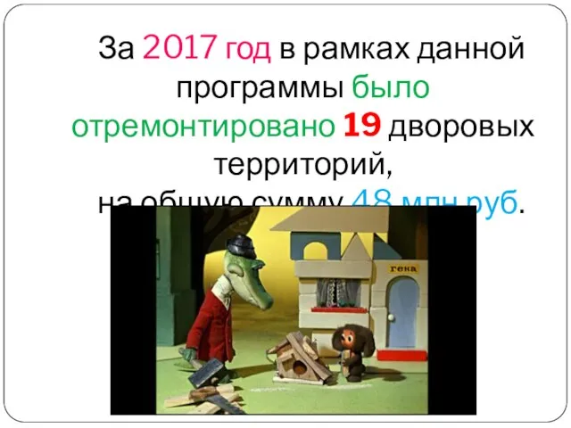 За 2017 год в рамках данной программы было отремонтировано 19 дворовых