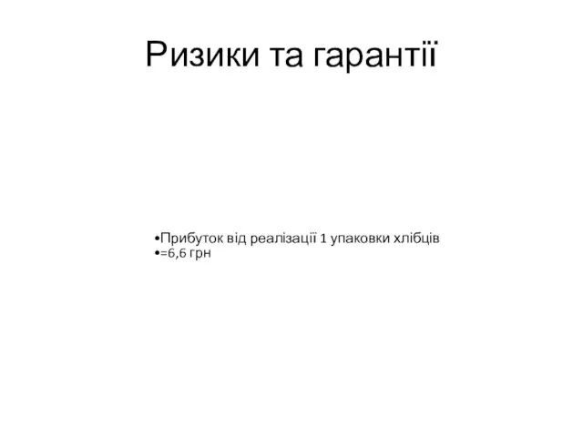 Ризики та гарантії Прибуток від реалізації 1 упаковки хлібців =6,6 грн