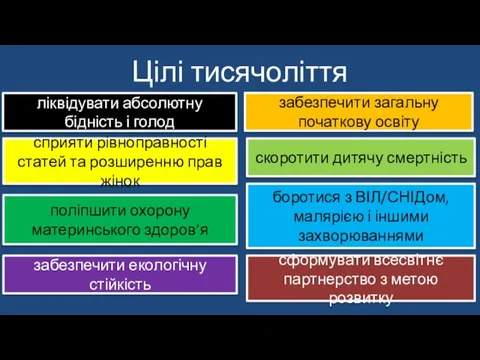 Цілі тисячоліття ліквідувати абсолютну бідність і голод забезпечити загальну початкову освіту