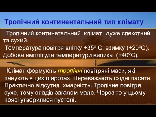 Тропічний континетальний клімат дуже спекотний та сухий. Температура повітря влітку +35о