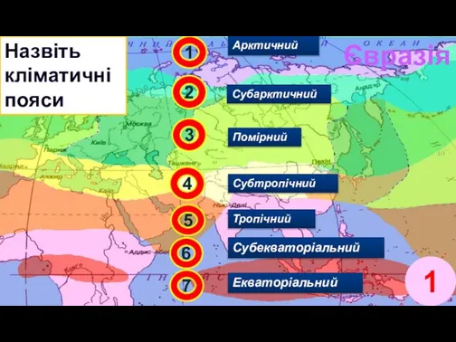 Помірний Субарктичний Арктичний Тропічний Субекваторіальний Субтропічний 1 2 5 6 Назвіть