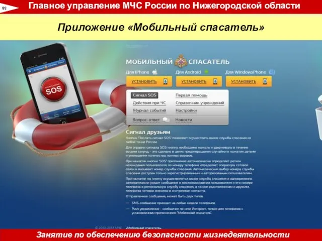 Приложение «Мобильный спасатель» 38 Главное управление МЧС России по Нижегородской области Занятие по обеспечению безопасности жизнедеятельности