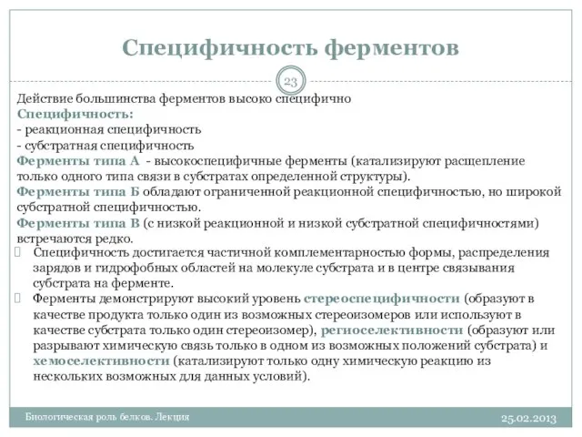 Специфичность ферментов 25.02.2013 Биологическая роль белков. Лекция Действие большинства ферментов высоко