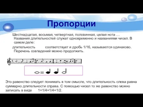 Пропорции Шестнадцатая, восьмая, четвертная, половинная, целая нота … Названия длительностей служат