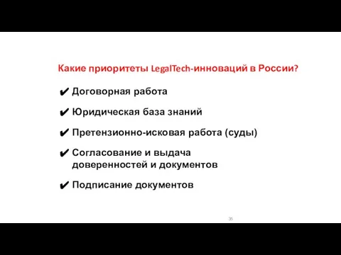 Какие приоритеты LegalTech-инноваций в России? Договорная работа Юридическая база знаний Претензионно-исковая