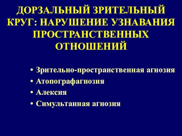 ДОРЗАЛЬНЫЙ ЗРИТЕЛЬНЫЙ КРУГ: НАРУШЕНИЕ УЗНАВАНИЯ ПРОСТРАНСТВЕННЫХ ОТНОШЕНИЙ Зрительно-пространственная агнозия Атопографагнозия Алексия Симультанная агнозия