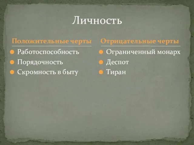 Положительные черты Работоспособность Порядочность Скромность в быту Ограниченный монарх Деспот Тиран Личность Отрицательные черты