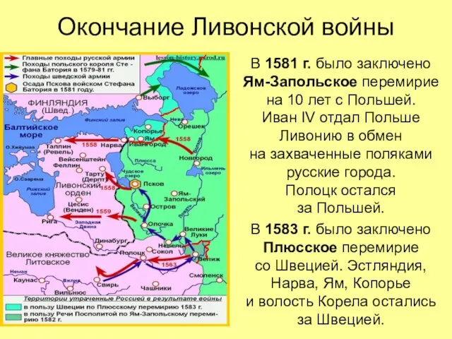 Окончание Ливонской войны В 1581 г. было заключено Ям-Запольское перемирие на