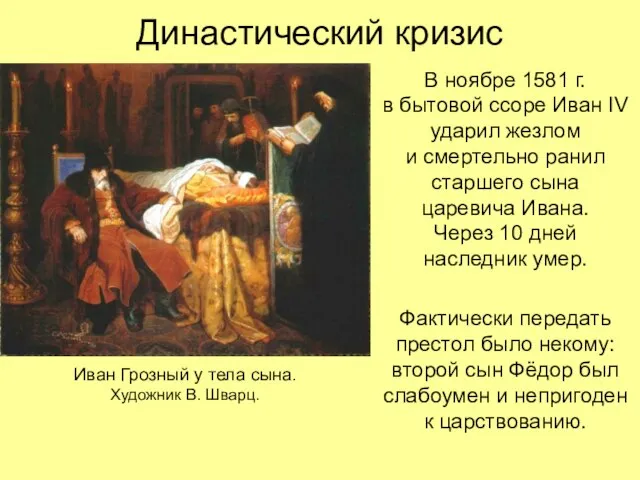 Династический кризис В ноябре 1581 г. в бытовой ссоре Иван IV