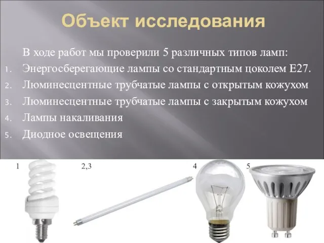 Объект исследования В ходе работ мы проверили 5 различных типов ламп: