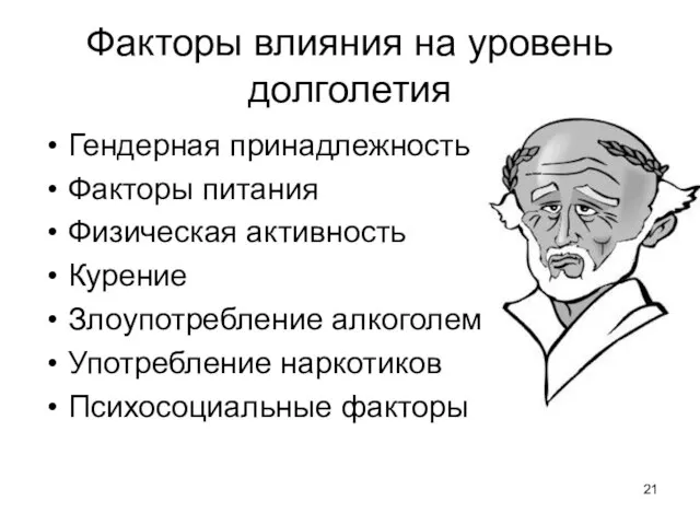 Факторы влияния на уровень долголетия Гендерная принадлежность Факторы питания Физическая активность