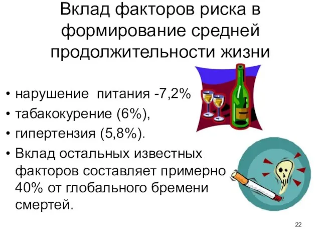 Вклад факторов риска в формирование средней продолжительности жизни нарушение питания -7,2%.