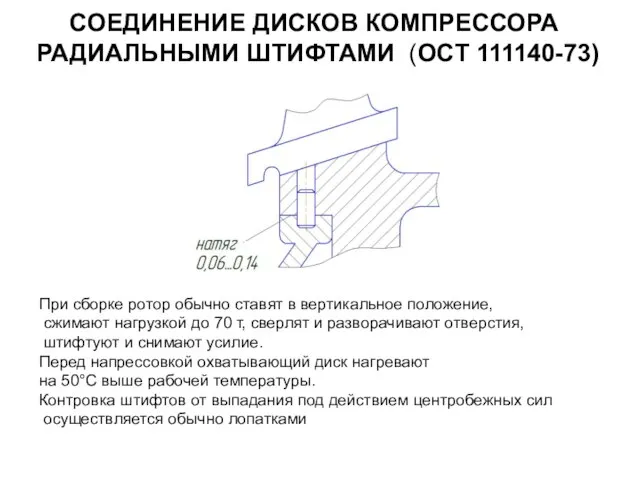 СОЕДИНЕНИЕ ДИСКОВ КОМПРЕССОРА РАДИАЛЬНЫМИ ШТИФТАМИ (ОСТ 111140-73) При сборке ротор обычно