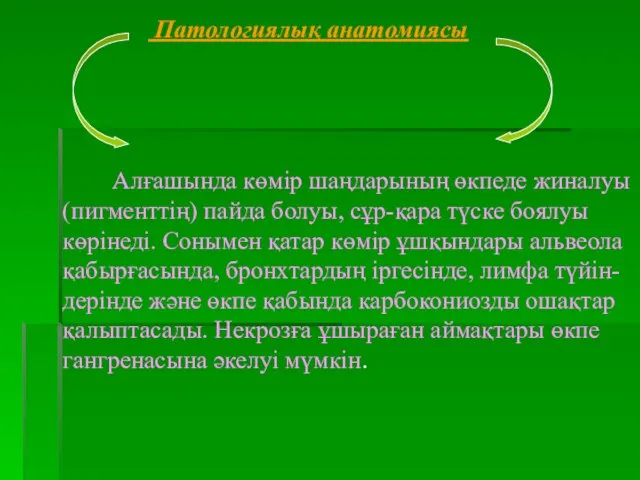 Патологиялық анатомиясы Алғашында көмір шаңдарының өкпеде жиналуы (пигменттің) пайда болуы, сұр-қара