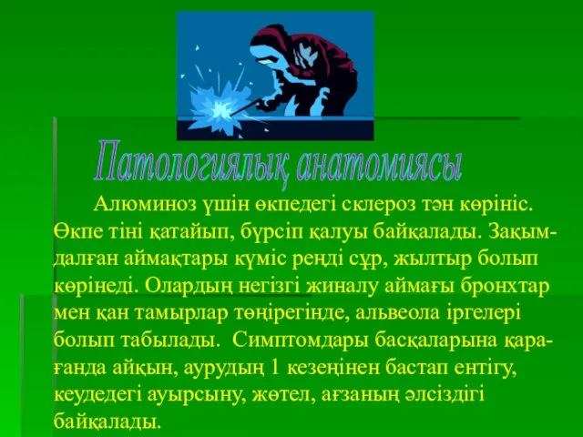 Патологиялық анатомиясы Алюминоз үшін өкпедегі склероз тән көрініс. Өкпе тіні қатайып,