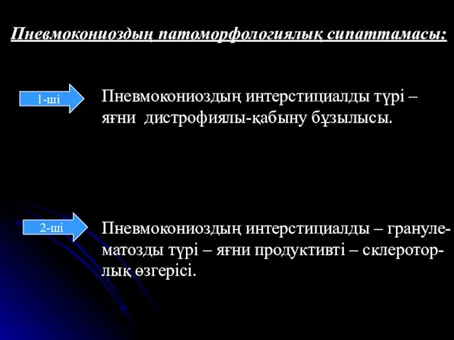 Пневмокониоздың патоморфологиялық сипаттамасы: 1-ші Пневмокониоздың интерстициалды түрі – яғни дистрофиялы-қабыну бұзылысы.