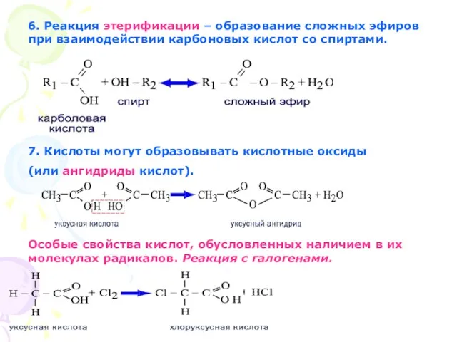 6. Реакция этерификации – образование сложных эфиров при взаимодействии карбоновых кислот