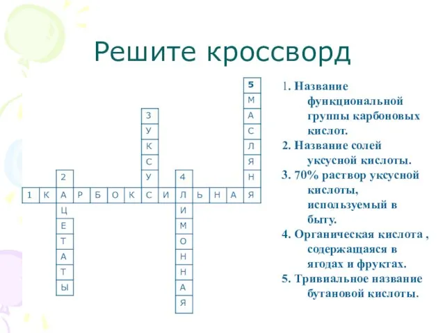 Решите кроссворд 1. Название функциональной группы карбоновых кислот. 2. Название солей