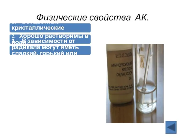 Физические свойства АК. 1. Бесцветные кристаллические вещества ; 2. Хорошо растворимы