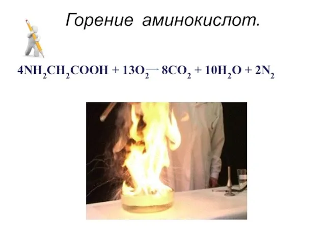 Горение аминокислот. 4NH2CH2COOH + 13O2 8CO2 + 10H2O + 2N2