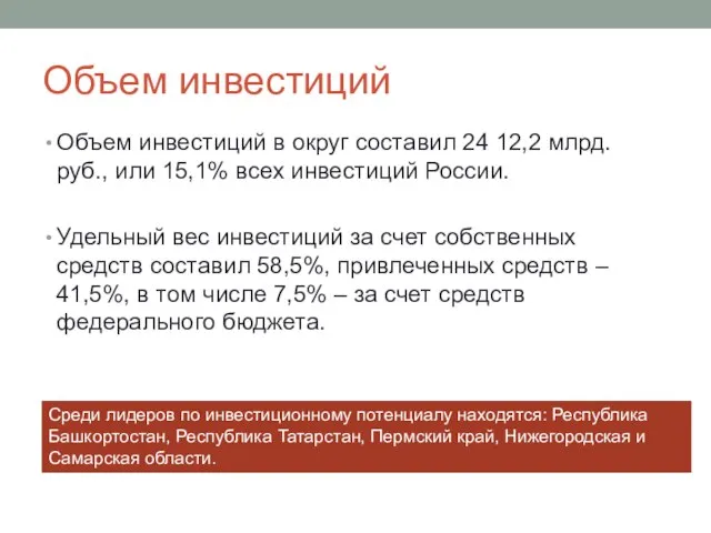 Объем инвестиций Объем инвестиций в округ составил 24 12,2 млрд. руб.,