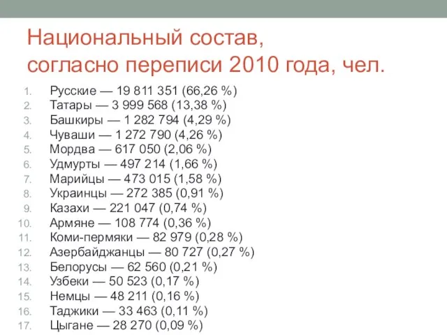 Национальный состав, согласно переписи 2010 года, чел. Русские — 19 811