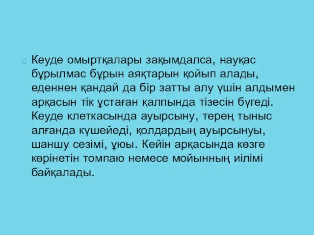 Кеуде омыртқалары зақымдалса, науқас бұрылмас бұрын аяқтарын қойып алады, еденнен қандай